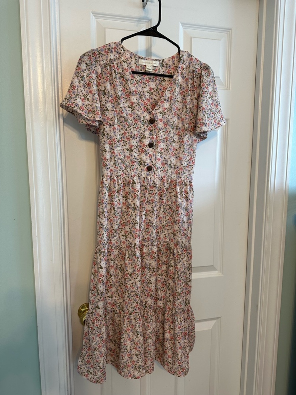 Floral Button-Front Midi Dress in Pink and Green